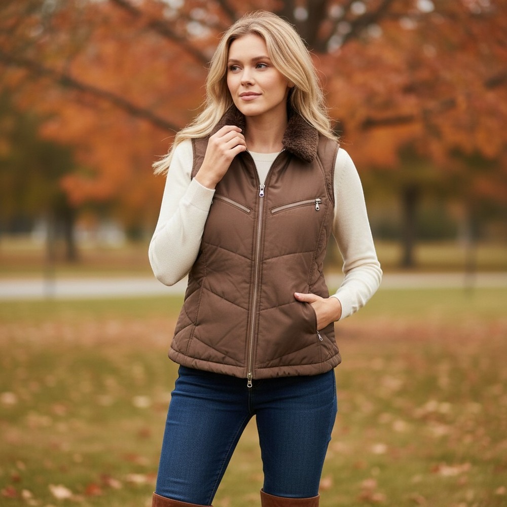 New Directions Petite Brown Puffer Vest Faux Fur Collar Quilted Zip Up PL
